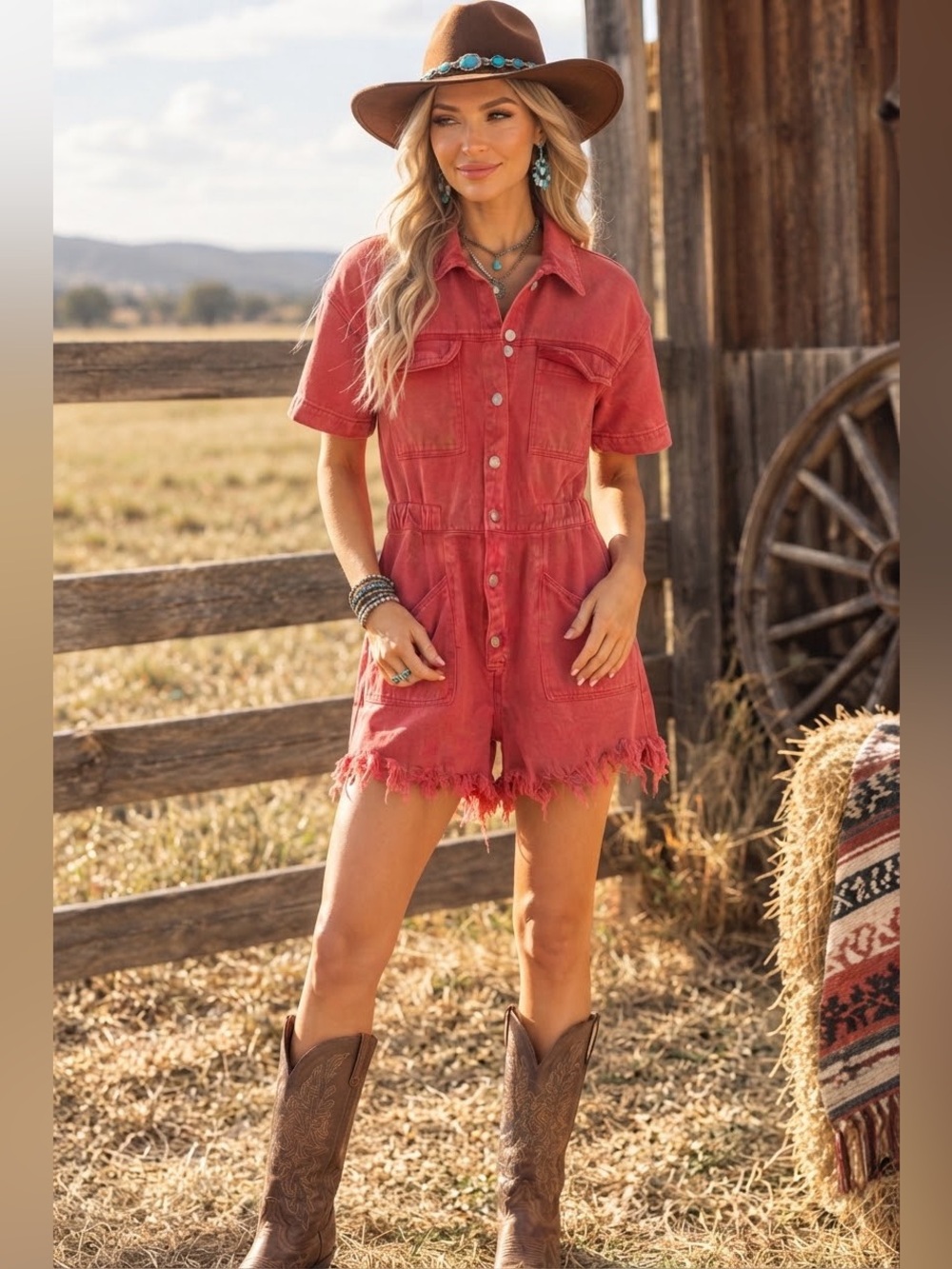 Peach Love California Red Denim Utility Romper Size Medium Western Boho
